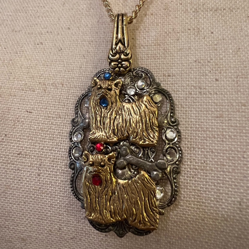 Gold and Silver Pendant Necklace with Intricate Design and 2 Dogs with Crystals - Picture 2 of 6